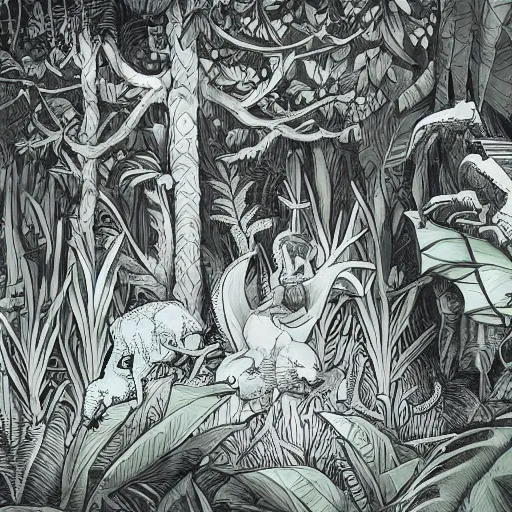 Prompt: Intricate detailed illustration, demonic and evil woodland creatures in a lush tropical jungle, 🍄 , 🌱, cinematic lighting, by Philip Hood, wide angle, volumetric light scattering, 8k, artstation, concept art,