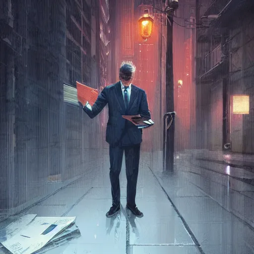 Prompt: portrait of a businessman handing the viewer an envelope, detailed digital illustration by greg rutkowski, cyberpunk back alley, nighttime