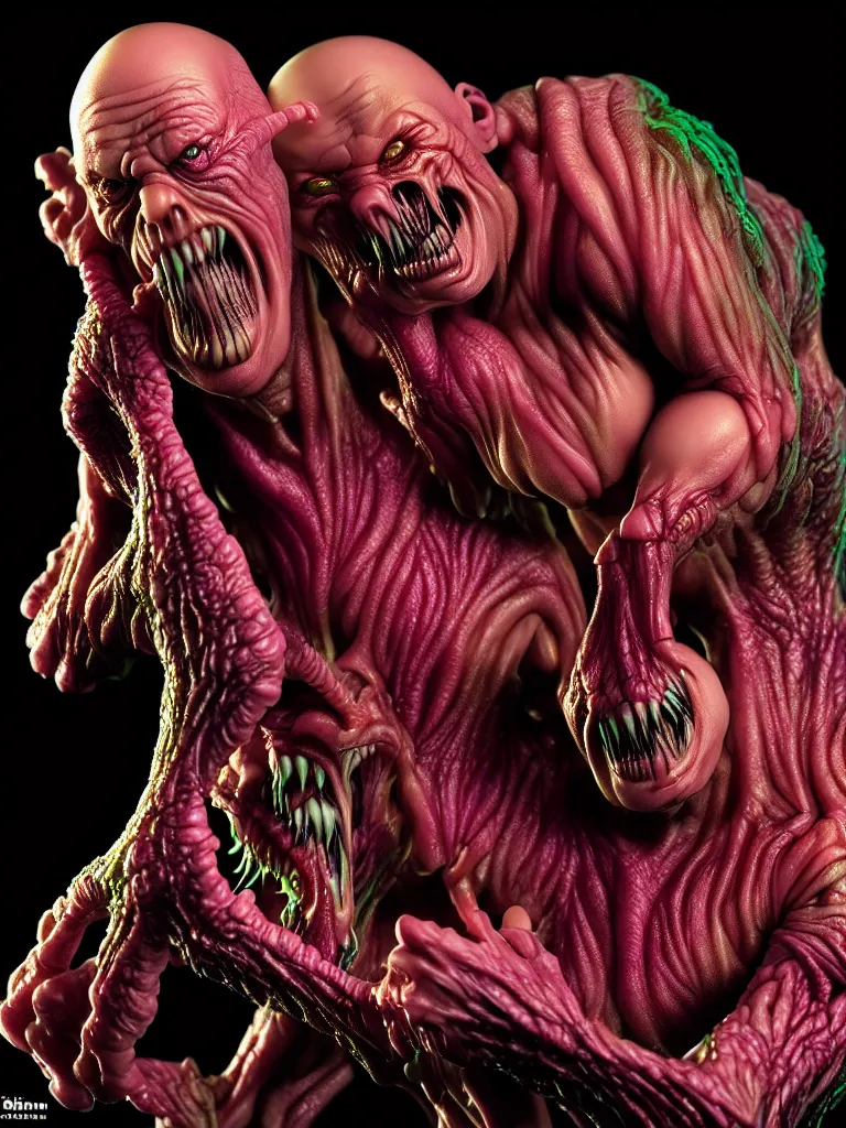 Image similar to hyperrealistic rendering, fat smooth john carpenter flesh monster jessica alba by bernie wrightson and killian eng and joe fenton, product photography, action figure, sofubi, studio lighting, colored gels, colored background