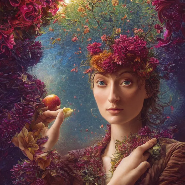 Prompt: portrait of floral apple sophie turner, by dan mumford, moebius, yukito kishiro, barclay shaw, karol bak, jean baptiste monge, high quality, high resolution, smooth 8 k octane rendered with volumetric cinematic dramatic light rutkowsky