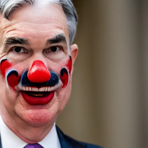 Image similar to Jerome Powell with colorful clown makeup all over his face