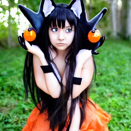 Prompt: cute anime girl with dark skin, black hair, wolf ears and glowing orange eyes