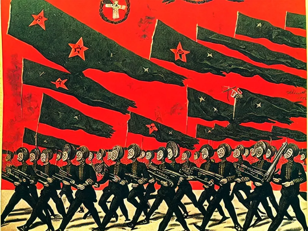 Prompt: army parade glorious march, futuristic alternate timeline, anarcho - communist hordes, red and black flags, art by max ernst, cnt spanish civil war era propaganda