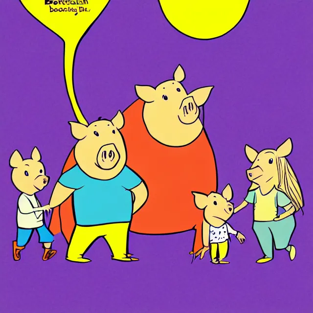 Image similar to children's book cover illustration for the boarenstain boars, cartoon boar family wearing clothing, in the style of stan and jan berenstain.