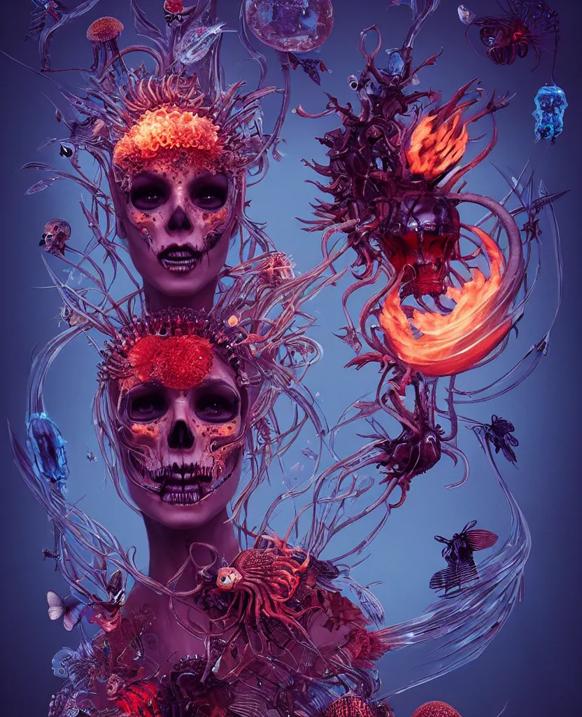 Prompt: queen of death portrait. thorax, skull, jellyfish phoenix head, nautilus, butterfly, skull, ice and fire, bioluminiscent creatures, intricate artwork by Tooth Wu and wlop and beeple. octane render, trending on artstation, greg rutkowski very coherent symmetrical artwork. cinematic, hyper realism, high detail, octane render, 8k