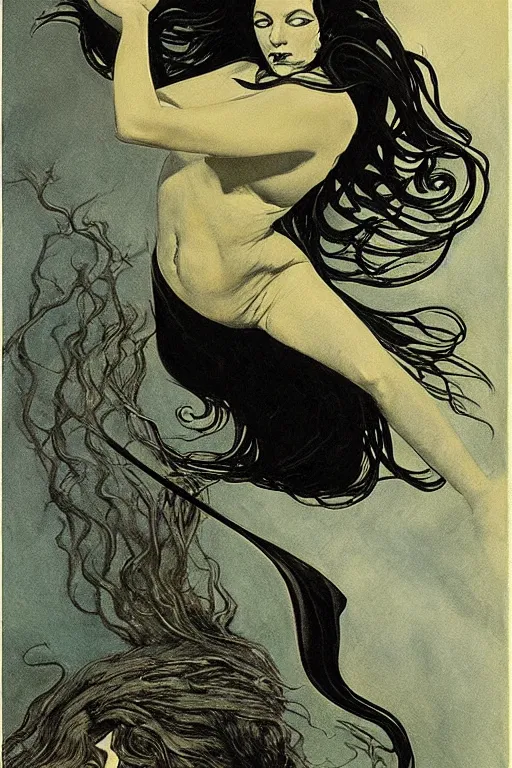 Image similar to dark evil mermaid with long flowing hair, by N.C. Wyeth, Bernie Wrightson