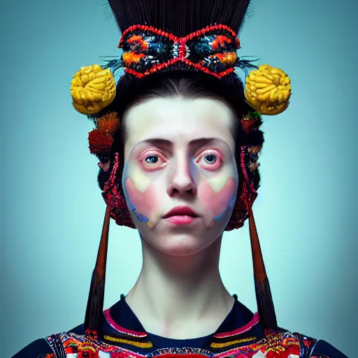 Image similar to Colour Caravaggio style full body portrait Photography of Highly detailed beautiful Woman wearing detailed Ukrainian folk costume designed by Taras Shevchenko with 1000 years perfect face wearing highly detailed retrofuturistic VR headset designed by Josan Gonzalez. Many details In style of Josan Gonzalez and Mike Winkelmann and andgreg rutkowski and alphonse muchaand and Caspar David Friedrich and Stephen Hickman and James Gurney and Hiromasa Ogura. Rendered in Blender and Octane Render volumetric natural light