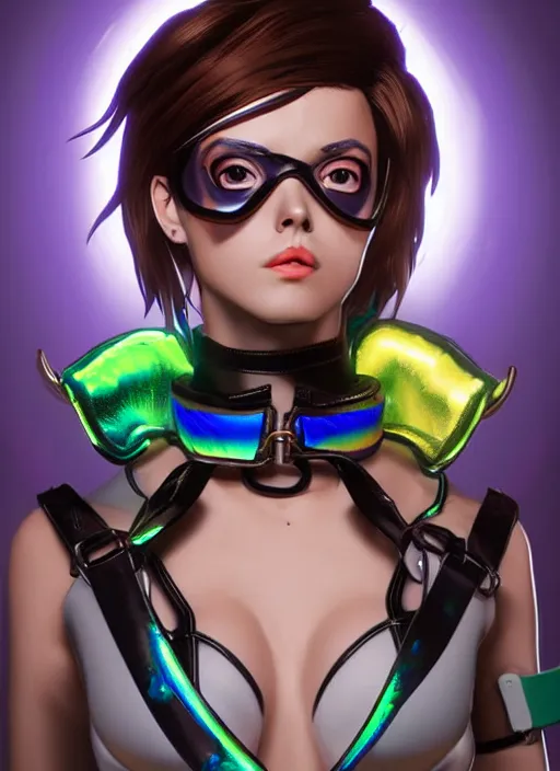 Image similar to portrait bust digital artwork of tracer overwatch, wearing iridescent rainbow latex and leather straps catsuit outfit, makeup, in style of mark arian, angel wings, wearing detailed leather collar, chains, black leather harness, detailed face and eyes,