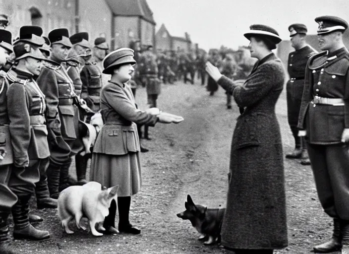 Image similar to ultra wide 1 9 4 6 historical far away photo a german general surrendering to young queen elizabeth, her corgis are nearby highly detailed