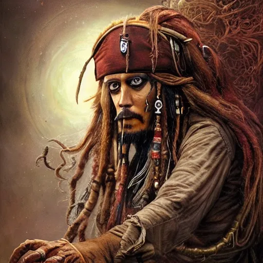 Image similar to a hyperrealistic illustration of Captain Jack Sparrow as Davy Jones, Pirates of the Caribbean Ship with fractal sunlight, award-winning, masterpiece, in the style of Tom Bagshaw, Cedric Peyravernay, Peter Mohrbacher