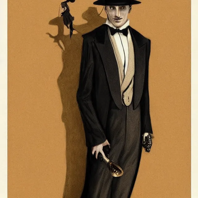 Image similar to photorealistic sepia portrait of a 1 9 2 0 s era male magician, well dressed, long - tailed tuxedo coat, in the style of kai carpenter, atmospheric lighting, dark, brooding, painted, intricate, ultra detailed, well composed, best on artstation, cgsociety, epic, stunning, gorgeous, intricate detail, much wow, masterpiece