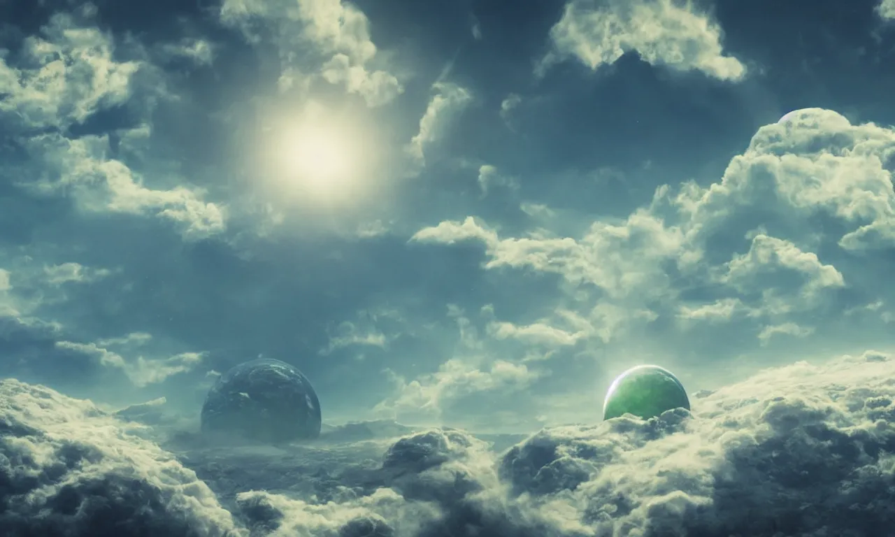 Prompt: Centered blue earth-like planet covered in clouds seen above green grassfield on an alien world, cinematic perspective, daylight, cinematic lighting, blue sky, detailed, 4k, Artstation