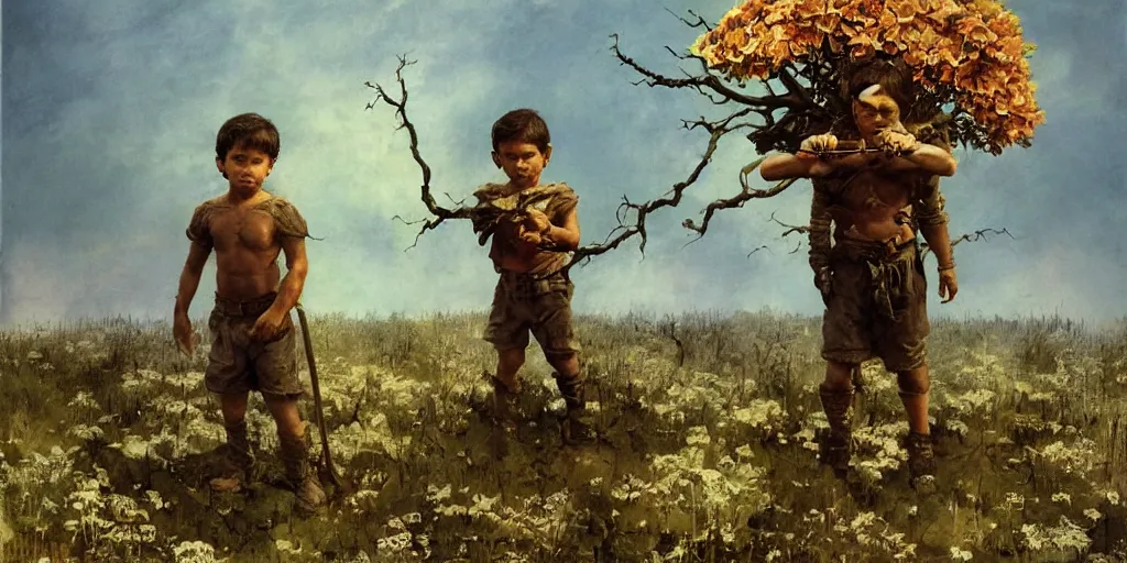 Prompt: small boy with glasses, child, by frank frazetta, wield tree branch, full armor with ornaments made of cardboard boxes, standing on a hill with flowers, cloudy dark sky, post-apocalyptic, hyperdetailed, photorealistic