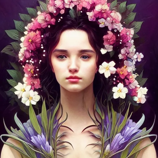 Image similar to surreal beautiful young woman, sitting with flowers, detailed gorgeous face turning into a tree, leaves, dark, ominous, sad eyes, vaporwave aesthetic, synthwave , digital painting, artstation, concept art, smooth, sharp focus, illustration, art by artgerm and greg rutkowski and alphonse mucha