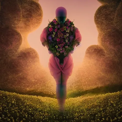 Image similar to A picture of a planet of various flowers, fungus and plants, in which the human figure is dressed in something magical and impressive, inside the picture is infinity, sunset light, Atmospheric phenomenon, artistic photography, muted colors, conceptual