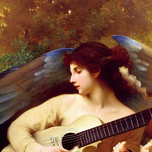 Prompt: an oil painting of a flying angel playing an electric guitar, by Bouguereau, highly detailed and intricate,