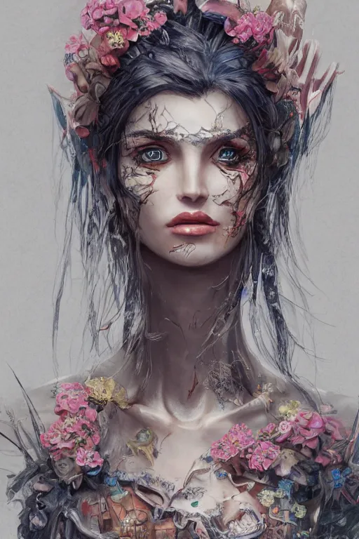 Image similar to portrait of beautiful young mainem, warhammer, cyber style, a lot of more scars, more and more flowers, the middle ages, highly detailed, artstation, illustration, artgerm sylvari portrait, 8 k quality, art by gustav klimt