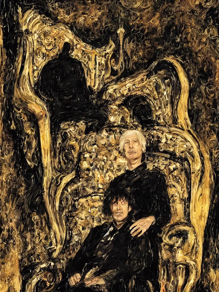 Image similar to portrait of king neil gaiman on his throne, mike dringenberg and dave mckean