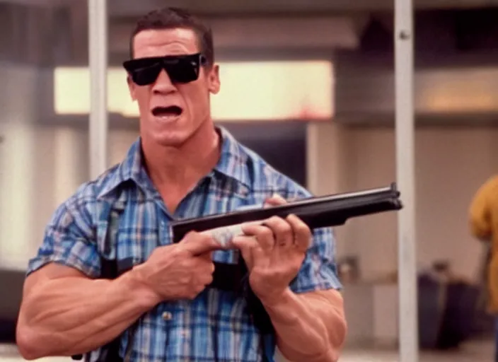 Prompt: film still of John Cena as Nada wearing a flannel shirt and sunglasses and holding a shotgun with a bandolier in Bank scene in They Live 1988