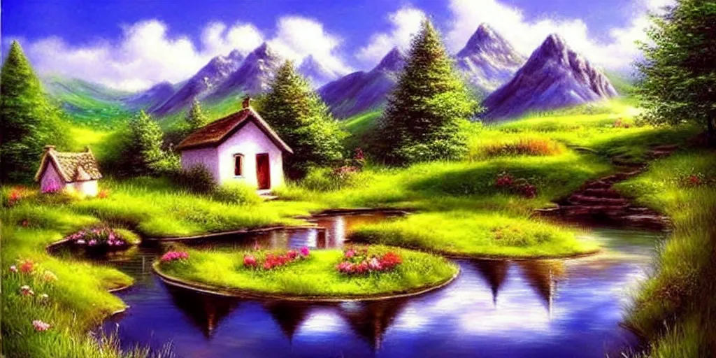 Image similar to a beautiful fantasy landscape, mountain in background, little cottage, small pond, some trees in the corner. hyper realism