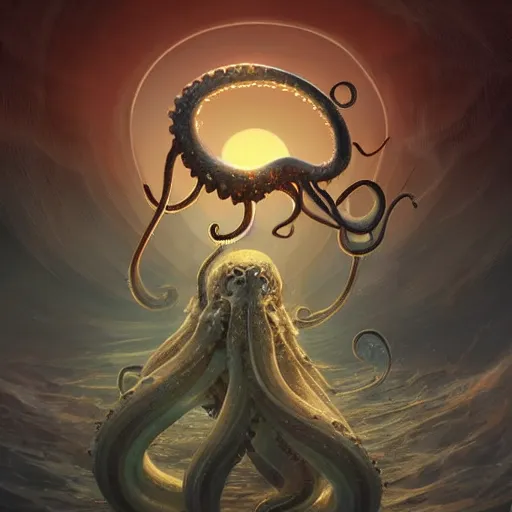 Prompt: angel squid monster with eyes on his tentacles looking at you sunset clouds digital painting, artstation, concept art, soft light, hdri, smooth, sharp focus, illustration, fantasy, intricate, elegant, highly detailed, D&D, matte painting, in the style of Greg Rutkowski and Alphonse Mucha and artemisia, 8k, highly detailed, jurgens, rutkowski, bouguereau, pastoral, rustic, georgic