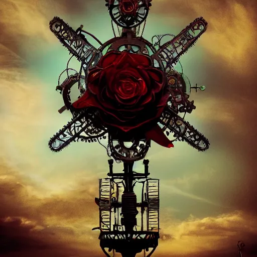 Image similar to giant mechanical rose, steampunk, fantasy art, sky, 4 k