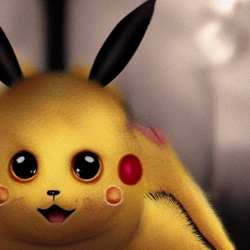 Image similar to portrait of a ultra realistic pikachu, fur, details, creepy, horror, big eyes, yellow