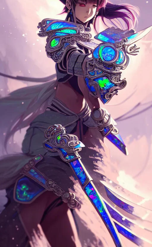 Prompt: anime iridescent opal cyborg shinobi warrior, intricate ornate details, morandi color scheme, hd, illustratio, splash art, fantasy, elegant, highly detailed, wide angle, digital painting, artstation, concept art, smooth, sharp focus, illustration, wallpaper, art by artgerm and greg rutkowski and alphonse mucha and jin xiaodi