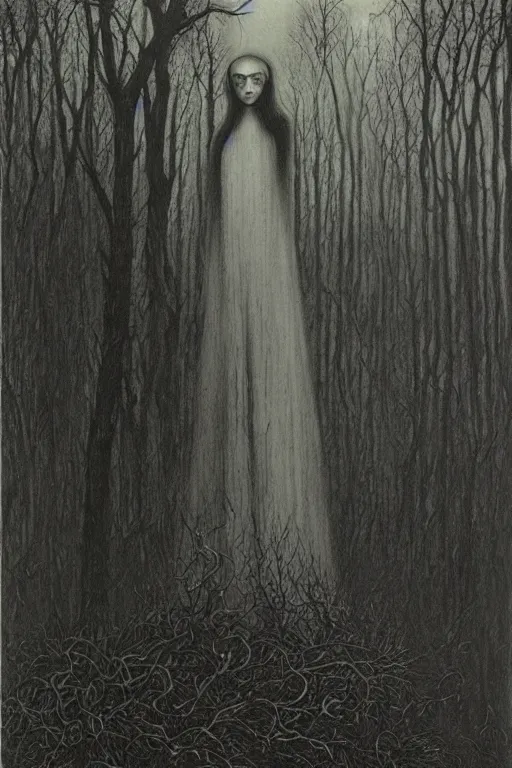 Image similar to zdzisław beksinski painting. a witch in the woods