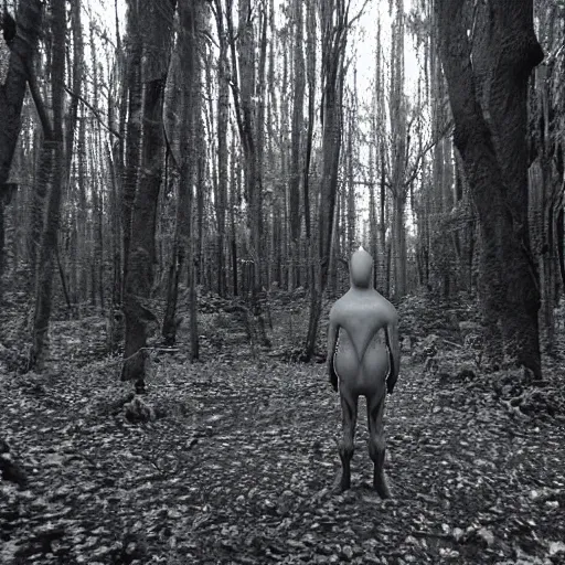 Image similar to trail cam photo of a grey alien in a forest