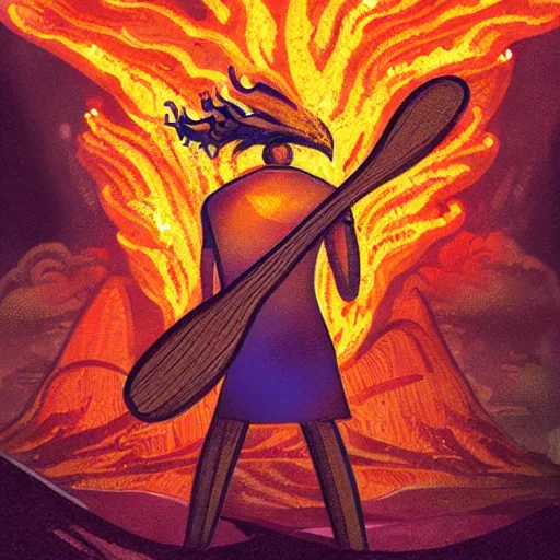 Image similar to Beautiful illustration for a print depicted a back view of a heavy metal drummer playing on drums::lava and fire around::behance and deviant art illustrations