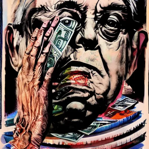 Image similar to George Soros full body shot, dollar bills Body horror, biopunk, by Ralph Steadman, Francis Bacon, Hunter S Thompson