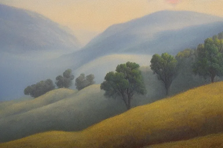 Prompt: masterpiece painting of oak trees on a hillside overlooking a foggy valley, by marion wachtel