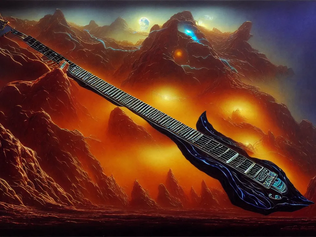 Prompt: the most amazing electric guitar, fantasy concept art, john howe