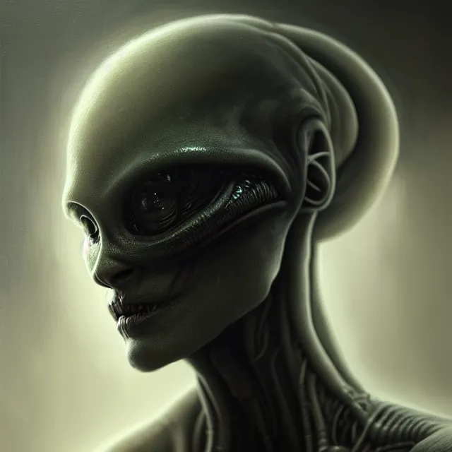 Image similar to Alien grey portrait, atmospheric lighting, painted, intricate, ultra detailed by Leesha Hannigan, Thierry Doizon, Kai Carpenter, well composed, best on artstation, cgsociety, epic, stunning, gorgeous, intricate detail, wow, masterpiece