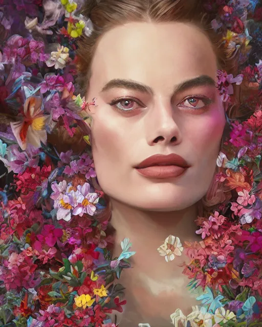 Image similar to portrait of margot robbie, surrounded by flowers by karol bak, james jean, tom bagshaw, rococo, sharp focus, trending on artstation, cinematic lighting, hyper realism, octane render, 8 k, hyper detailed.