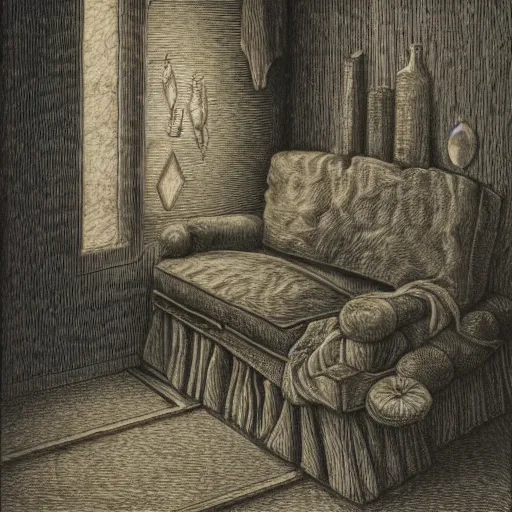 Prompt: a hybrid between a couch and a house,, insanely detailed, studio light, gustav dore, colored pencil