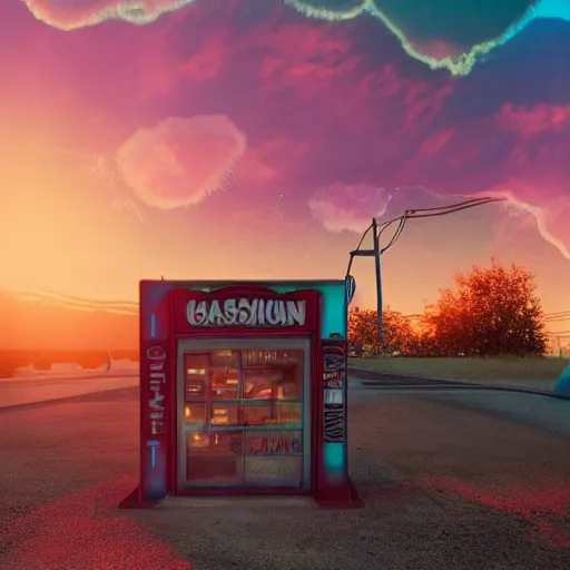 Image similar to a cute fluffy caracal in a sunset light landscape with historical route 6 6, lots of sparkling details and sun ray ’ s, blinding backlight, smoke, volumetric lighting, colorful, octane, 3 5 mm, abandoned gas station, beautiful epic colored reflections, very colorful heavenly, softlight