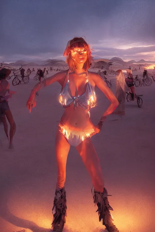 Image similar to a photo of a girl at burning man festival playa, powerful, cinematic, beautifully lit, by artgerm, by craig mullins, by galan pang, 3 d, trending on artstation, octane render, 8 k