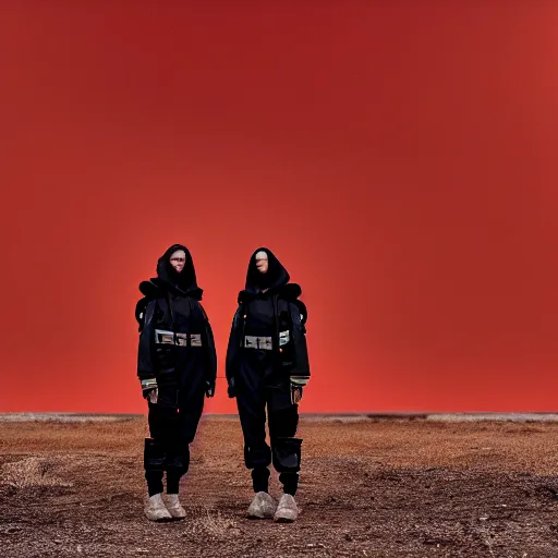 Image similar to photograph 2 techwear women in front of a brutalist metal building, on a desolate plain, red sky, sigma 8 5 mm f / 1. 4, 4 k, depth of field, high resolution, octane render, 4 k, 8 k, hd, full color