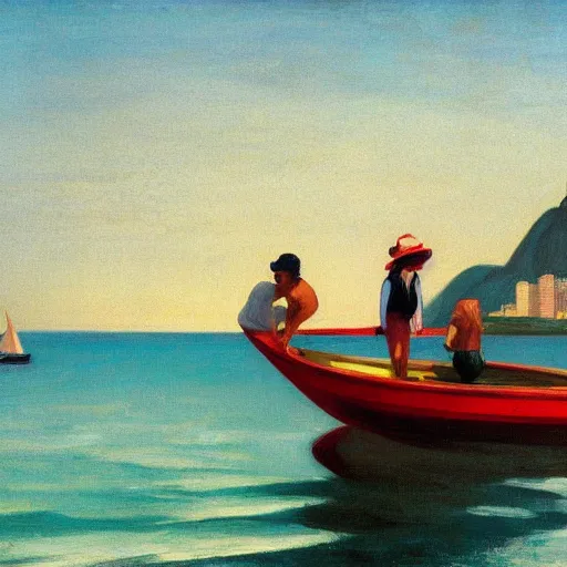 Prompt: a beach in rio de janeiro, characters in a boat, by edward hopper, award winning, cinematic