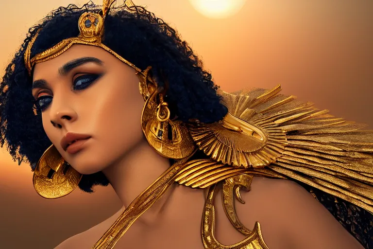 Image similar to a beautiful award winning photo of Cleopatra, golden hour, very detailed and sharp, 4k cinematic