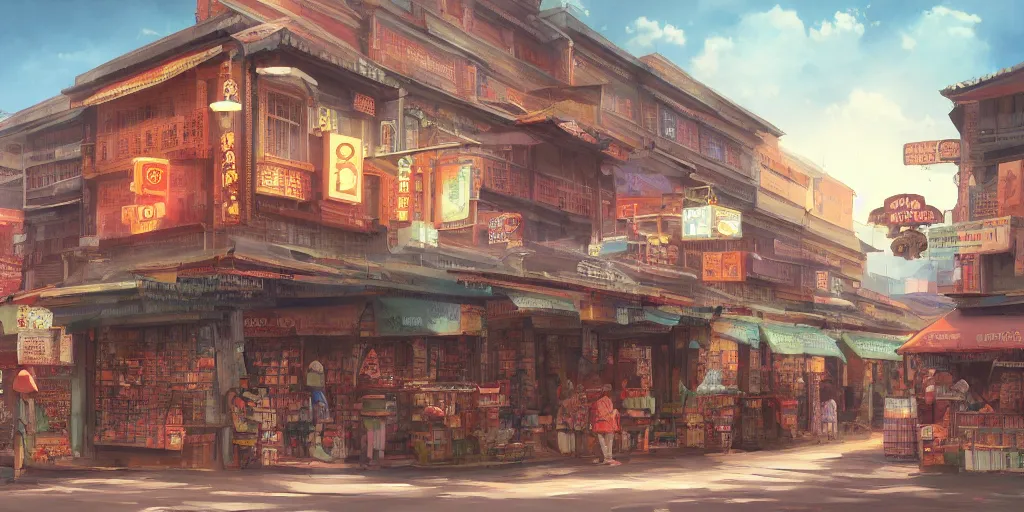 Prompt: little india sundry shop, old cinema, post office, evening, highly detailed matte painting, studio ghibli, artstation