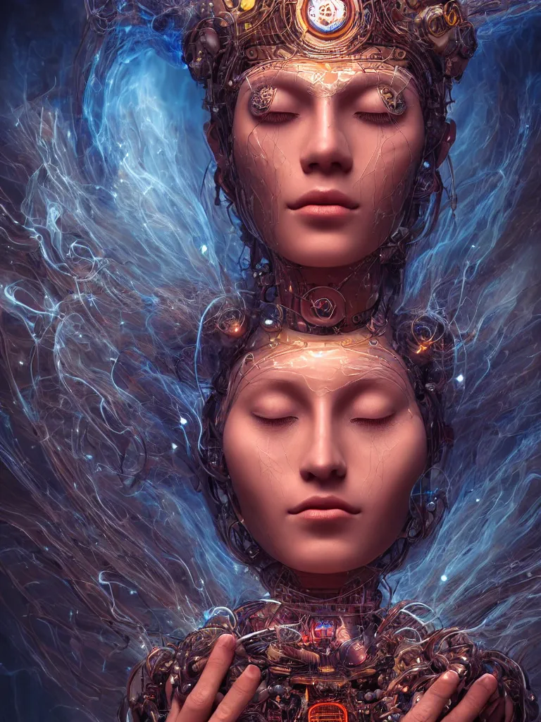 Image similar to an ancient mystical alluring female shaman generating flowing energy and surrounded by wisps of incense smoke sits meditating in a magical cybernetic robot temple, face face face, by karol bak, 3 d, cinema 4 d render, trending on artstation