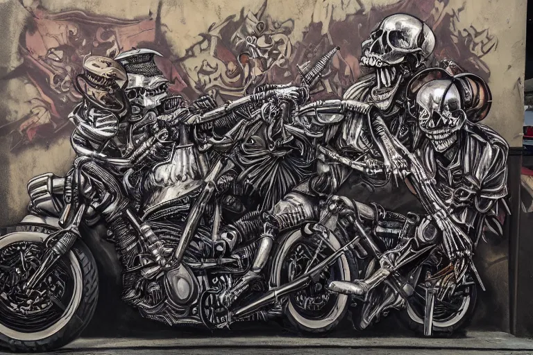 Image similar to skeleton heavy metal band live at coachella, art by danny flynn and simon bisley, trending on artstation, halfrear, oil and canvas, very very intricate, street art