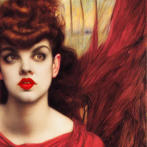 Image similar to portrait of a hybrid of judy garland and lady gaga, marfan syndrome, full lips, downward slanting eyes, with a brown fringe, holman hunt, john william waterhouse, kilian eng, rosetti, john everett millais, william holman hunt, 4 k