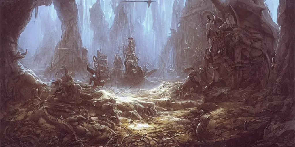 Image similar to art by john howe of the repelling of invaders by making a deal with the devil and finding a secret underwater entrance.