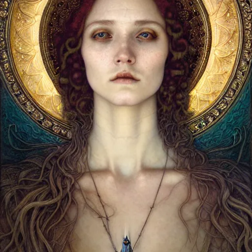 Image similar to detailed realistic beautiful young medieval queen face portrait by jean delville, tom bagshaw, brooke shaden, gustave dore and marco mazzoni, art nouveau, symbolist, visionary, gothic, pre - raphaelite, ornate gilded medieval icon, surreality, ethereal, unearthly