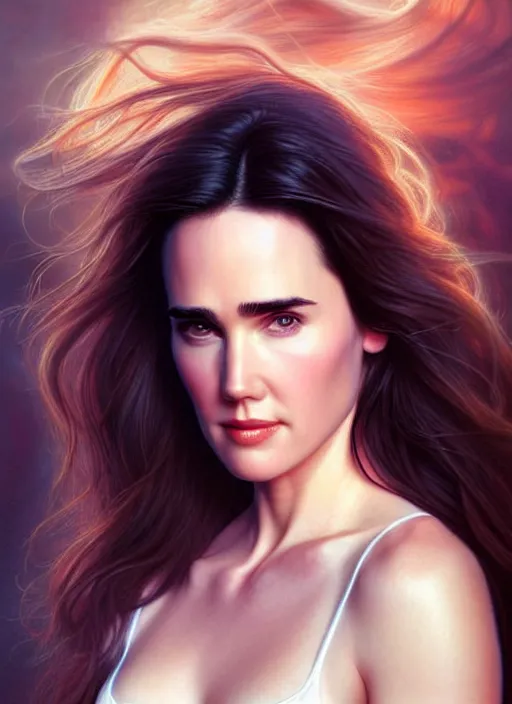 Image similar to a gorgeous young jennifer connelly with long soft hair in the style of stefan kostic, realistic, full body shot, wide angle, sharp focus, 8 k high definition, insanely detailed, intricate, elegant, art by stanley lau and artgerm, floating embers