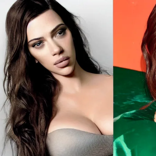 Image similar to a woman who is a genetic combination of kim kardashian and kat dennings and scarlett johansson and margot robbie and emma watson face and upper - body focus